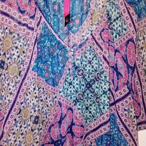 Pure Energy Multicolor Patchwork Boho Blouse - Pink, Blue, Teal PTP 28"